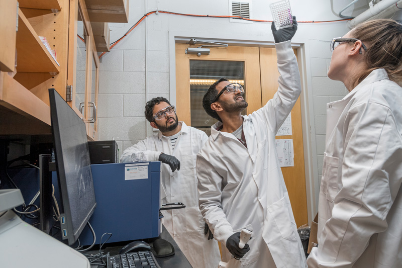 Aditya Kunjapur, a new assistant professor in the Department of Chemical and Biomolecular Engineering, has been named to the Johns Hopkins Center for Health Security’s Emerging Leaders in Biosecurity Initiative fellowship program in 2019.  He works with graduate students Sabyasachi (Sunny) Sen and Morgan Sulzbach in his lab in Colburn using the latest pipette techniques with gels. (Releases obtained on all participates.)