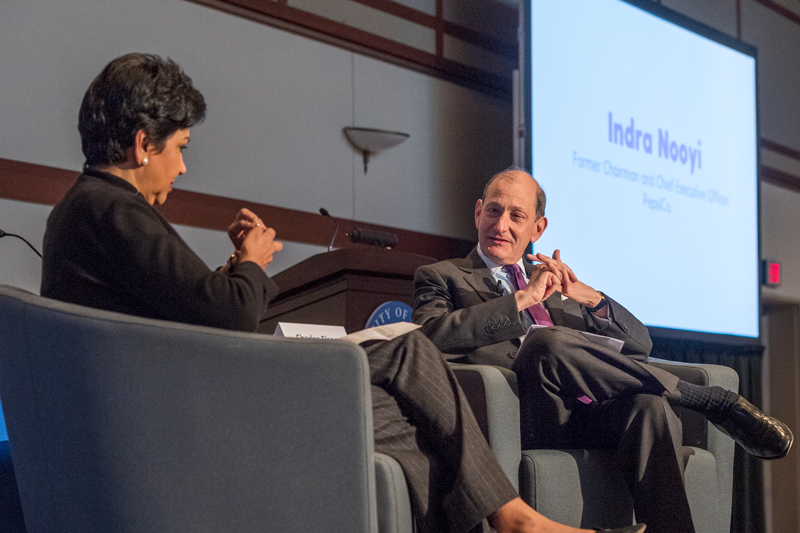Charles Elson, Director, John L. Weinberg Center for Corporate Goverance talks with Indra Nooyi, Former, Chairman and CEO, PepsiCo about her career with the company and her next steps on March 20th, 2019. 
(Signage was posted around the event.)