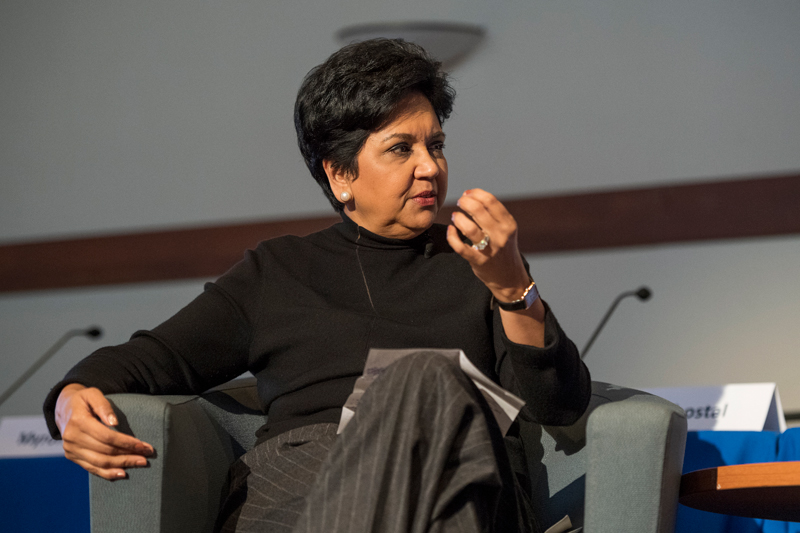 Charles Elson, Director, John L. Weinberg Center for Corporate Goverance talks with Indra Nooyi, Former, Chairman and CEO, PepsiCo about her career with the company and her next steps on March 20th, 2019. 
(Signage was posted around the event.)