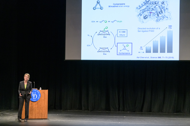 Dr. Frances Arnold is the Linus Pauling Professor of Chemical Engineering, Bioengineering, and Biochemistry and the Donna and Benjamin M. Rosen Bioengineering Center at the California Institute of Technology. Arnold is the co-winner of the 2018 Nobel Prize for Chemistry  for the “directed evolution of enzymes.” Arnold presented UD’s 2019 Edward G. Jefferson Life Sciences Lecture, a talk titled “Innovation by Evolution: Bringing New Chemistry to Life,” and beforehand met with several UD doctoral students to discuss their research and career aspirations. - (Evan Krape / University of Delaware)