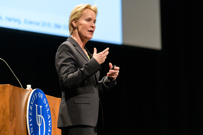 Dr. Frances Arnold is the Linus Pauling Professor of Chemical Engineering, Bioengineering, and Biochemistry and the Donna and Benjamin M. Rosen Bioengineering Center at the California Institute of Technology. Arnold is the co-winner of the 2018 Nobel Prize for Chemistry  for the “directed evolution of enzymes.” Arnold presented UD’s 2019 Edward G. Jefferson Life Sciences Lecture, a talk titled “Innovation by Evolution: Bringing New Chemistry to Life,” and beforehand met with several UD doctoral students to discuss their research and career aspirations. - (Evan Krape / University of Delaware)