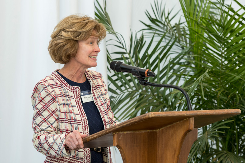 The Gore Dedication ceremony for the Materials Characterization Lab with Gore representatives Greg Hannon (tan Jacket), Amy Calhoun (green/tan sweater), Mike Daugherty (navy jacket), Jeff Ledford (blue striped shirt) along with speakers Gerry Poirer (green shirt) and Robin Morgan, March 26, 2019. (Photo releases were part of the registration materials.)