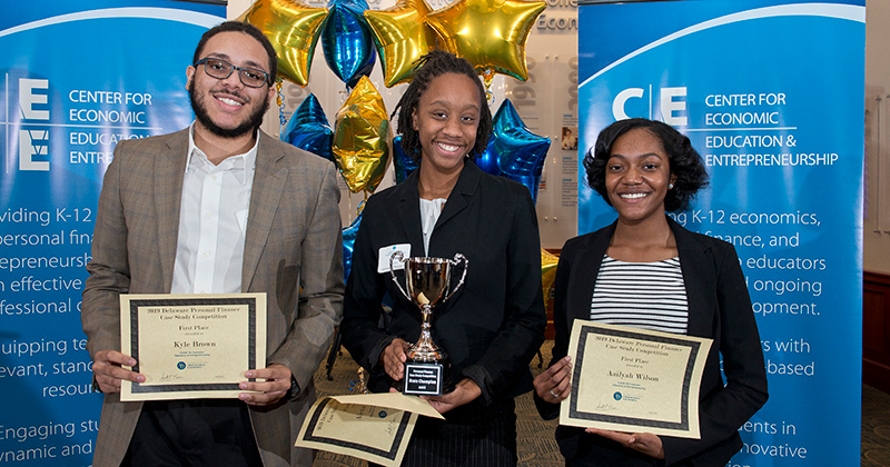 CEEE-hosted inaugural/annual Delaware Personal Finance Case Study Competition (PFCSC) for high school students on February 8, 2019 in he Geltzeiler Trading Center in Lerner Hall. (Photo releases were obtained by the teacher chaperones.)