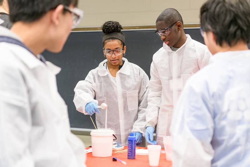 Students participants in "REACHing for a future in engineering" from several area high schools took time on a Saturday morning to learn about chemical engineering and get to perform some hands-on experiments. The program was put on by REACH (Recruiting, Engaging, Advancing Chemical Engineers), a Registered Student Organization, is a "student initiative for all things Chemical Engineering" [engr.udel.edu]. - (Evan Krape / University of Delaware)