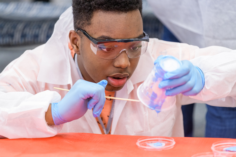 Students participants in "REACHing for a future in engineering" from several area high schools took time on a Saturday morning to learn about chemical engineering and get to perform some hands-on experiments. The program was put on by REACH (Recruiting, Engaging, Advancing Chemical Engineers), a Registered Student Organization, is a "student initiative for all things Chemical Engineering" [engr.udel.edu]. - (Evan Krape / University of Delaware)