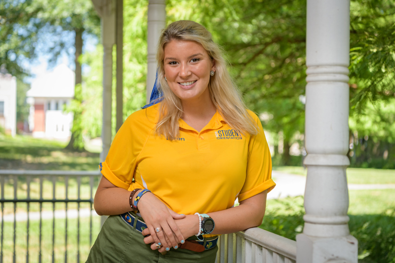 New Student Orientation Leaders (NSO OLs) photographed around Trabant University Center for an article in UD about the most frequently asked questions OLs receive during NSO.