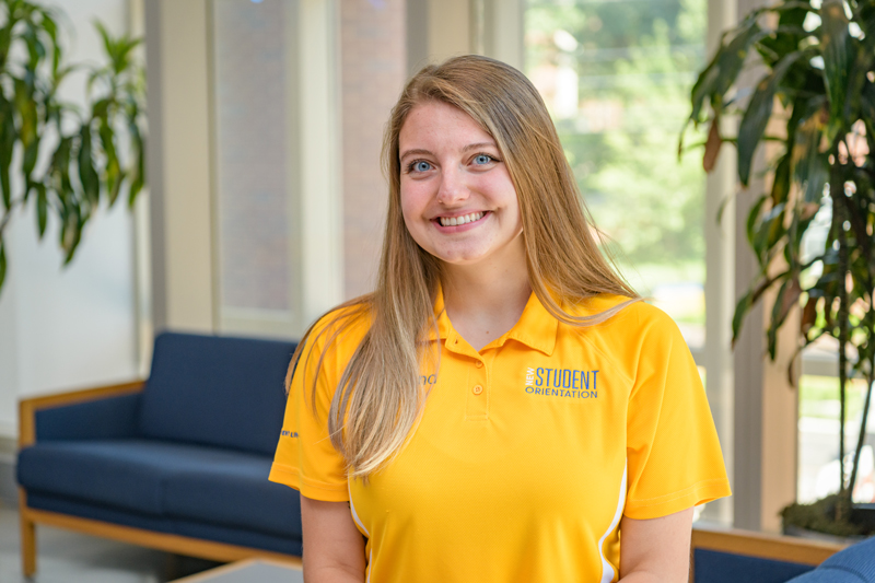 New Student Orientation Leaders (NSO OLs) photographed around Trabant University Center for an article in UD about the most frequently asked questions OLs receive during NSO.