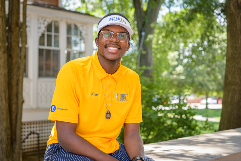 New Student Orientation Leaders (NSO OLs) photographed around Trabant University Center for an article in UD about the most frequently asked questions OLs receive during NSO.