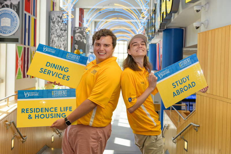New Student Orientation Leaders (NSO OLs) photographed around Trabant University Center for an article in UD about the most frequently asked questions OLs receive during NSO.
