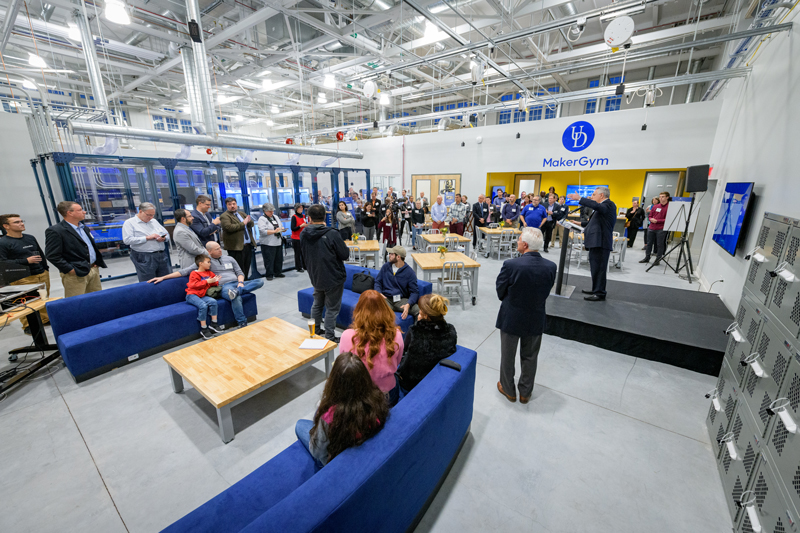 Grand opening ceremony for the "MakerGym" - "a 5,000 square foot interdisciplinary design and fabrication space, serving all UD students, faculty and staff" which is located in the former Pearson Hall gymnasium. The space features  3D printing, laser cutting, CNC routing, water-jet cutting, industrial sewing machines, electronics, and a full wood shop while also serving as the central hub of the UD MakerNetwork.