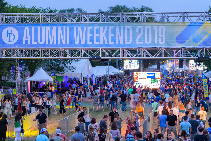 Alumni Weekend 2019 - "Dela-Bration" on the North Green. The centerpiece of Alumni Weekend, Dela-bration (formerly "mug night") gathered together thousands of alumni as one giant, open-air party featuring a live band, food, beer, and entertaining games. - (Evan Krape / University of Delaware)