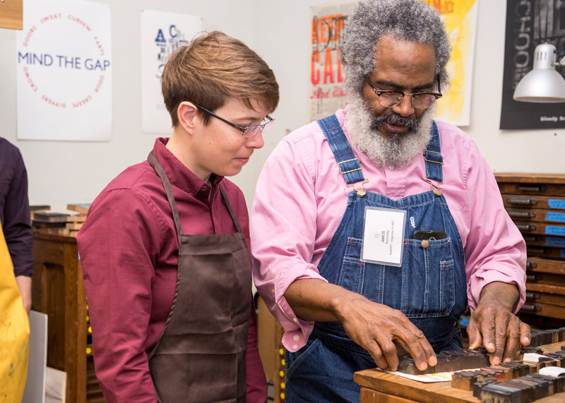 The Center for Materials Culture sponsors a workshop for African American printers/publishers with Amos Kennedy, a visiting printing press expert. (Photo releases were obtained.)