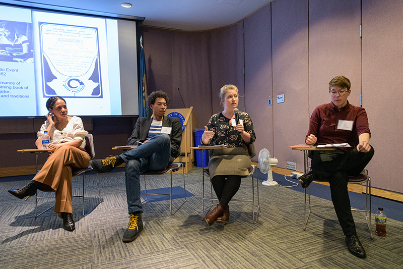 CAS-CMCS-Black_Bibliographia-Keynote-042619 A session of the 2019 Black Bibliographia: Print/Culture/Art conference held in the Class of 1941 Lecture Room in Morris Library featuring a keynote presentation by Jacqueline Goldsby, Professor of English and African American Studies at Yale University, & Meredith McGill, Associate Professor of English at Rutgers University. The second biennial conference, Black Bibliographia was sponsored by the Center for Material Culture Studies and organized with the Department of English and the UD Library’s Special Collections. - (Evan Krape / University of Delaware)