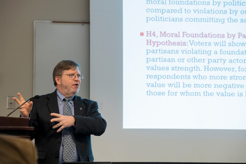 David Redlawsk, Political Science, talks the the UDARF audience about research done on both political parties at the March 5th, 2019 luncheon.  (Releases were obtained.)