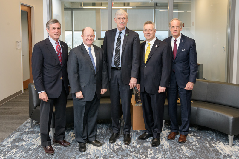 Director of the National Institutes of Health (NIH) Francis Collins on campus to visit with students, tour some of the facilities in the STAR Tower and the Health Sciences Complex, visit the Center for Biomedical and Brain Imaging, and engage in a "fireside chat" with Delaware Senator Chris Coons and UD President Dennis Assanis. - (Evan Krape / University of Delaware)