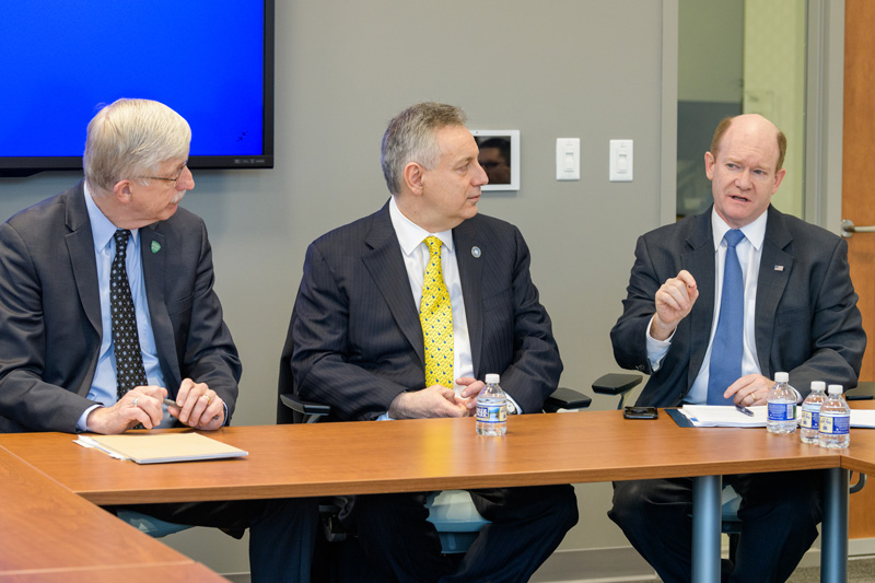 Director of the National Institutes of Health (NIH) Francis Collins on campus to visit with students, tour some of the facilities in the STAR Tower and the Health Sciences Complex, visit the Center for Biomedical and Brain Imaging, and engage in a "fireside chat" with Delaware Senator Chris Coons and UD President Dennis Assanis. - (Evan Krape / University of Delaware)