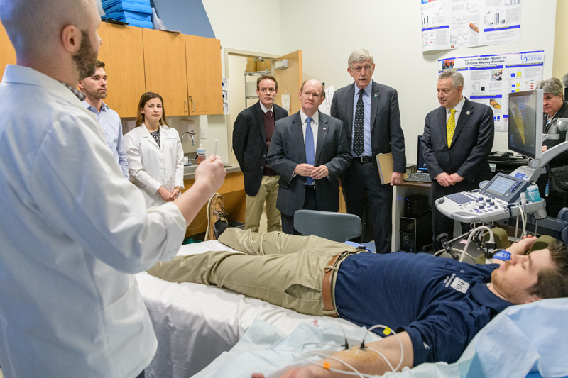 Director of the National Institutes of Health (NIH) Francis Collins on campus to visit with students, tour some of the facilities in the STAR Tower and the Health Sciences Complex, visit the Center for Biomedical and Brain Imaging, and engage in a "fireside chat" with Delaware Senator Chris Coons and UD President Dennis Assanis. - (Evan Krape / University of Delaware)