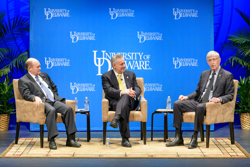 Director of the National Institutes of Health (NIH) Francis Collins on campus to visit with students, tour some of the facilities in the STAR Tower and the Health Sciences Complex, visit the Center for Biomedical and Brain Imaging, and engage in a "fireside chat" with Delaware Senator Chris Coons and UD President Dennis Assanis. - (Evan Krape / University of Delaware)