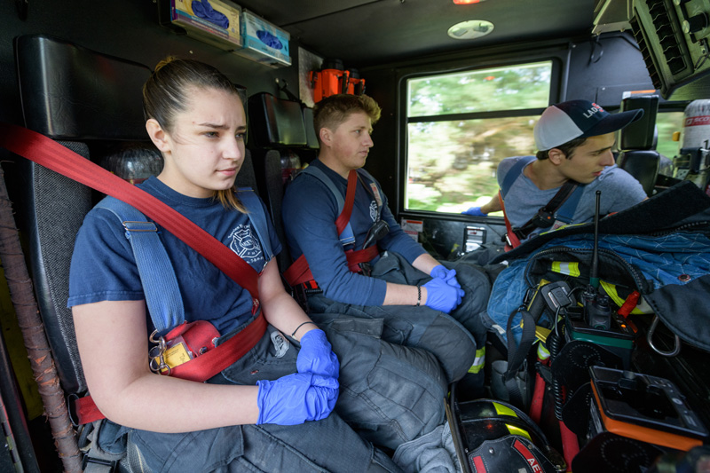 UDaily-Aetna_HHL-Student_Volunteers-Ride_Along-101918 Several UD students volunteer with the Aetna Hose, Hook and Ladder Company as firefighters and Emergency Medical Technicians (EMTs). - (Evan Krape / University of Delaware)