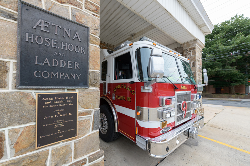 Several students from the University of Delaware volunteer with Aetna Hose, Hook, & Ladder Company as firefighters and Emergency Medical Technicians (EMTs). Photographed for a story in UDaily about their work with Aetna as first responders. - (Evan Krape / University of Delaware)