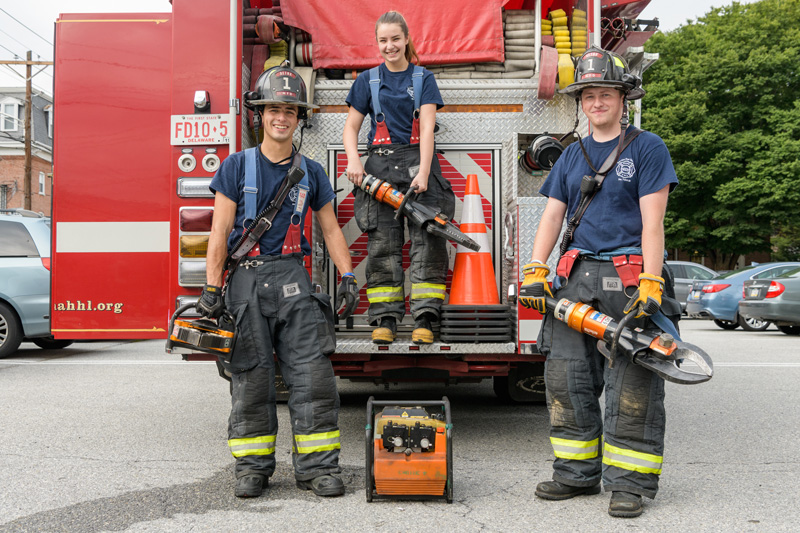 Several students from the University of Delaware volunteer with Aetna Hose, Hook, & Ladder Company as firefighters and Emergency Medical Technicians (EMTs). Photographed for a story in UDaily about their work with Aetna as first responders. - (Evan Krape / University of Delaware)