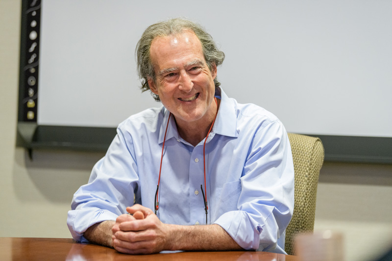 Craig Mello, one of the two 2006 recipients of the Nobel Prize in Physiology or Medicine for "for their discovery of RNA interference - gene silencing by double-stranded RNA" [nobelprize.org], the Blais University Chair in Molecular Medicine and a  Distinguished Professor at the University of Massachusetts Medical School, speaking to UD graduate students (and one undergrad) prior to giving a talk about his research.  - (Evan Krape / University of Delaware)