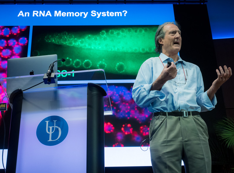 Keynote speaker and Nobel Laureate Dr. Craig Mello speaks at the inaugural Delaware Life Science Forum at the Tower at STAR Wednesday, April 24, 2019.