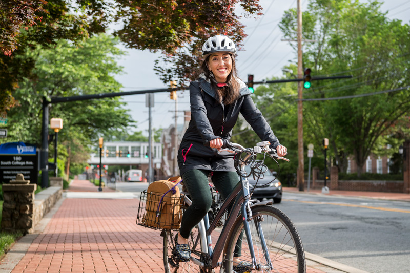 Christine Schultz, Honors Program, rides her bike to work everyday.  This is an advance for the Bike To Work Day, May 17, 2019.  