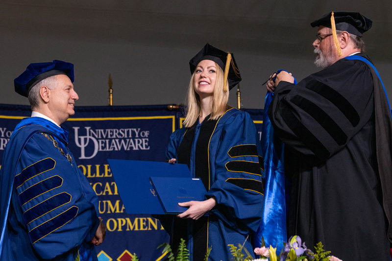 The 2019 Doctoral Hooding Ceremony, May 31st, 2019 under the direction of Mary Martin, Graduate Studies; President Dennis Assanis and all Deans of the colleges. (Signage was posted at the start of the event and announcement before the ceremony.)
