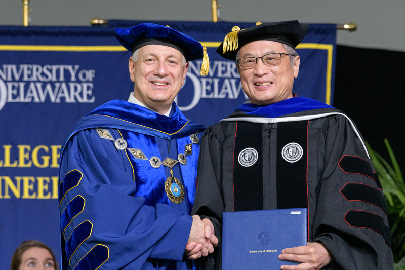 The 2019 Doctoral Hooding Ceremony, May 31st, 2019 under the direction of Mary Martin, Graduate Studies; President Dennis Assanis; and all Deans of the colleges. (Signage was posted at the start of the event and announcement before the ceremony.) - (Evan Krape / University of Delaware)