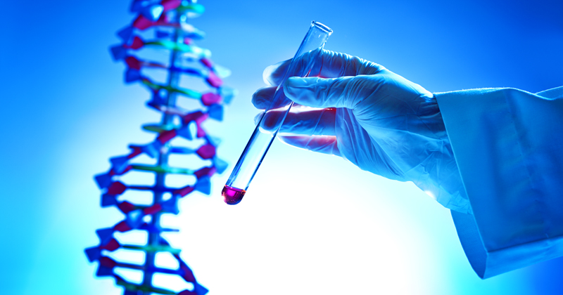 Close-up of a hand holding a chemistry test-tube with a chemical solution in a bio-chemistry DNA genetic research laboratory, GMO, human, animal, plants genetics research.