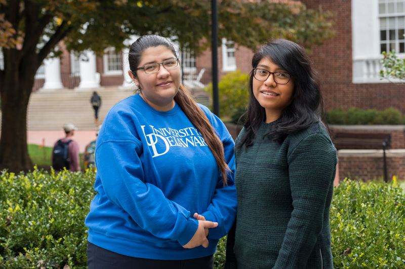 First Generation students Iris Perez-Mazariegos (white t-shirt) and Maggie Limon-Gutierrez (blue sweatshirt) are the President and Vice President of “We’re First” - an organization for students who are the first in their families to attend college.