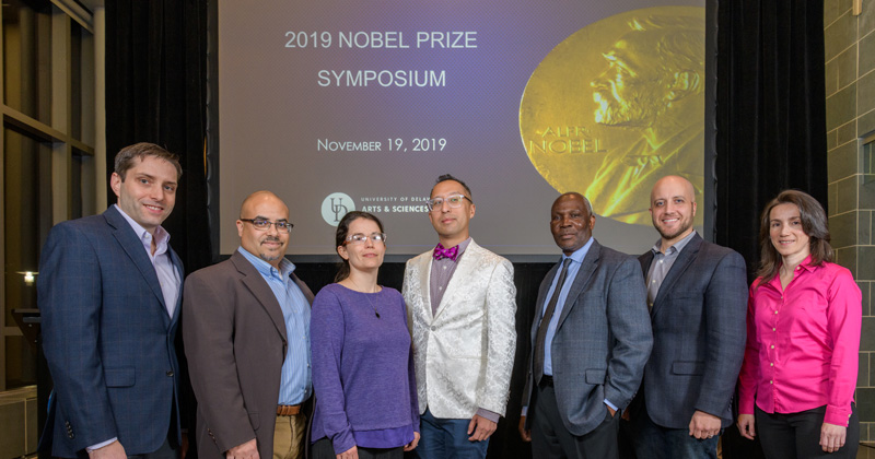 2019 Nobel Symposium with presentations given by UD experts on this year's Nobel Prize winners and their work. Presenting were (from left): Jim Berry, Economics; Timothy Spaulding, English and African studies; Sarah Dodson-Robinson, physics and astronomy; Viet Dinh, English; Wunyabari Maloba, Africana studies and history; Eric Bloch, Chemistry and Biochemistry; and Ramona Neunuebel, biological sciences.