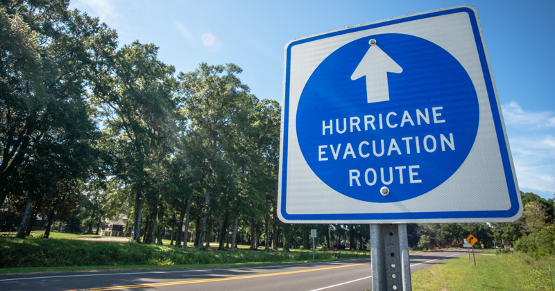 A sign directs hurricane evacuees to safety.