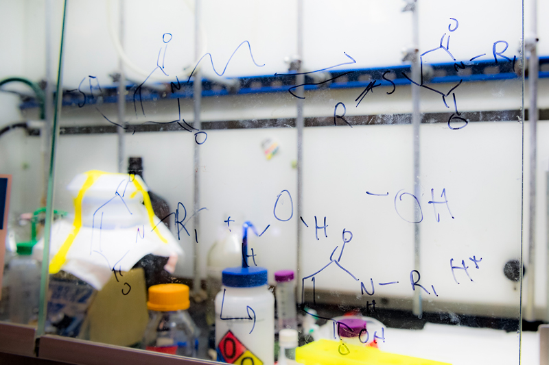 Drs. Chris Kloxin and Darrin Pochan’s graduate student Josh works with a formula called Thiol-Michael Reaction for conjugation of peptides in their lab.   