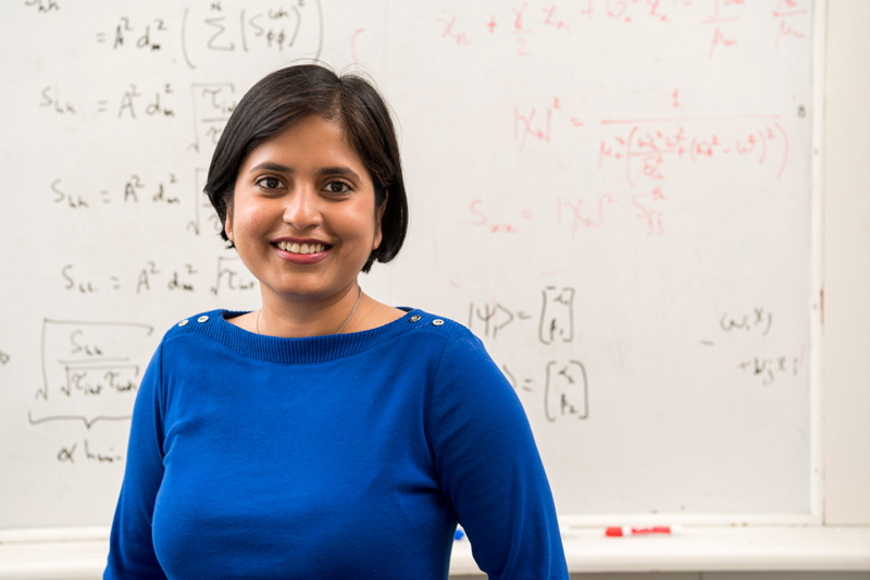 Swati Singh, Electrical & Computer Engineering works on calculations in her office in Evans Hall. 