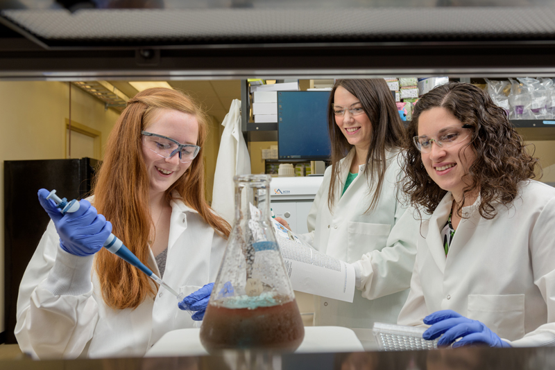 Undergraduate Maggie Billingsley and graduate student Rachel Riley and with assistant professor Emily Day in their lab. The three have recently published a paper on improving the sensitivity of the enzyme linked immunosorbent assay (ELISA) used to detect disease-associated biomarkers. The improvement uses an antibody-nanoparticle conjugate - "nanoshells decorated with antibodies specific to epidermal growth factor receptor" - that improve "[detection of] low levels of biomarkers found in various diseases, such as cancers, tuberculosis, and rheumatoid arthritis" [https://doi.org/10.1371/journal.pone.0177592] - (Evan Krape / University of Delaware)