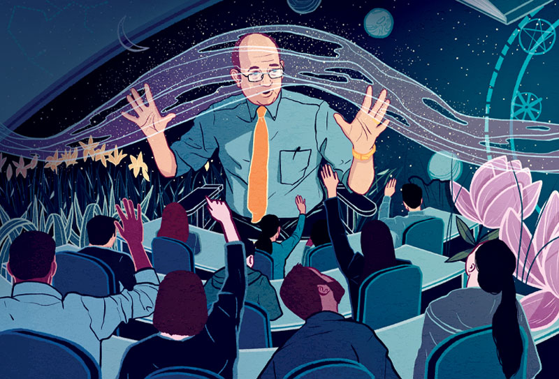 Illustration of Prof. Alan Fox in front of a full class with spiritual elements floating around him