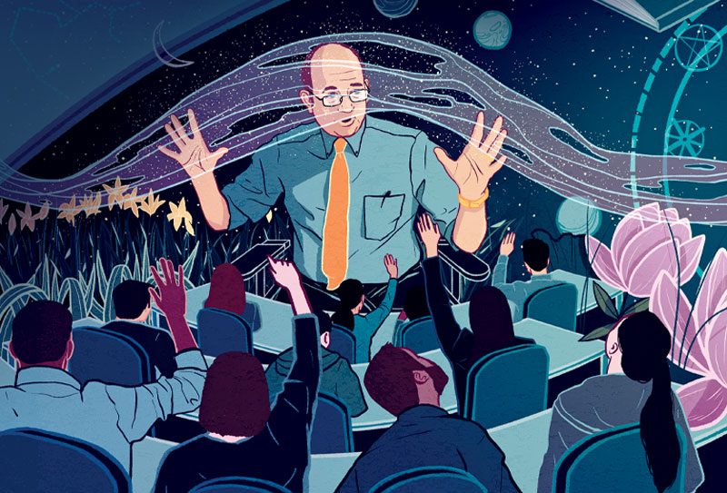 Illustration of Alan Fox in a classroom in front of students Illustration of Prof. Alan Fox in front of a full class with spiritual elements floating around him