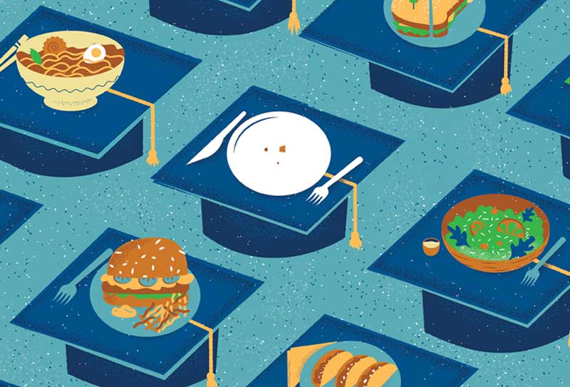 Illustration of one empty plate on a graduation cap surrounded by filled plates on graduation caps