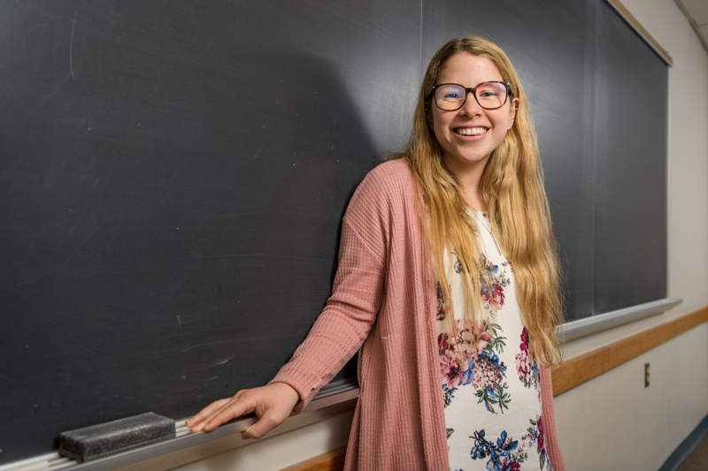 Jamie Forrest is a 4+1 masters student who's research focuses on education policy issues such as career and technical education and afterschool programming. She also spends 10 hours per week analyzing state and national data to inform the work of Delaware's P-20 Council, comprising education decision makers from across the state. Photographed at Graham Hall for a UDaily story.