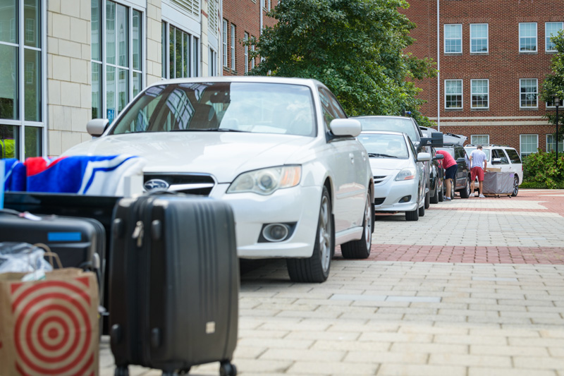 UD's first day of a new, multi-day staggered move-in designed to accommodate the social distancing and health considerations required to safely bring students back to school amidst the COVID-19 pandemic. Only about 1,300 students will be returning to living in on-campus housing and their move-in has been spread across 5 days.

Pictured: Students moving into residence halls on the Laird Campus