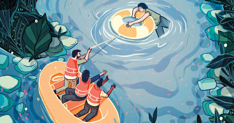 Illustration of people in life boat rescuing a woman in a life preserver