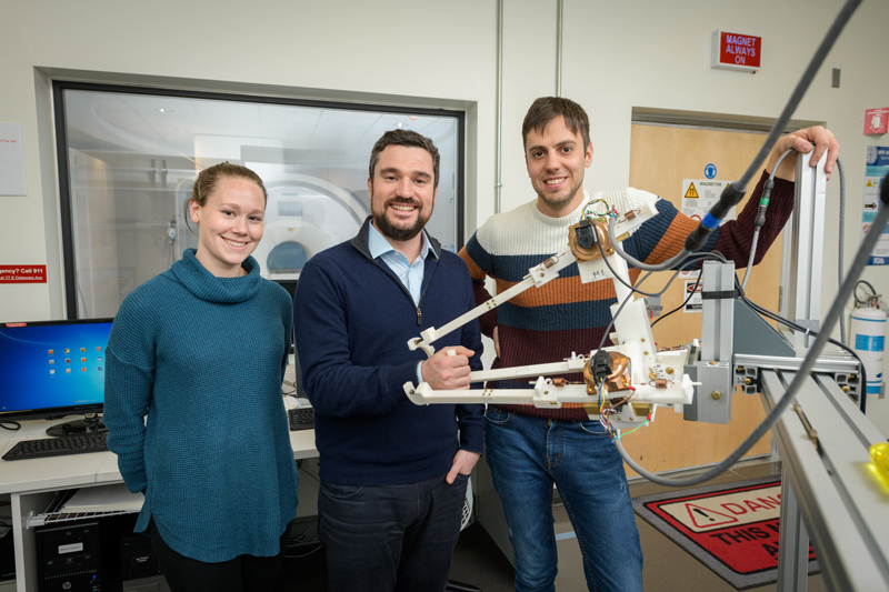 COE-BMEG-Sergi_fMRI_Research-020420 Fabrizio Sergi, assistant professor of Biomedical Engineering and director of the Human Robotics (HuRo) lab, has received an NSF Faculty Early Career Development (CAREER) award. Along with current Ph.D. students Andrea Zonnino and Andria Farrens, Sergio has been using robotics and haptic feedback systems with neuroimaging - particularly Functional Magnetic Resonance Imaging (fMRI) - to study the neural substrates of motor control.