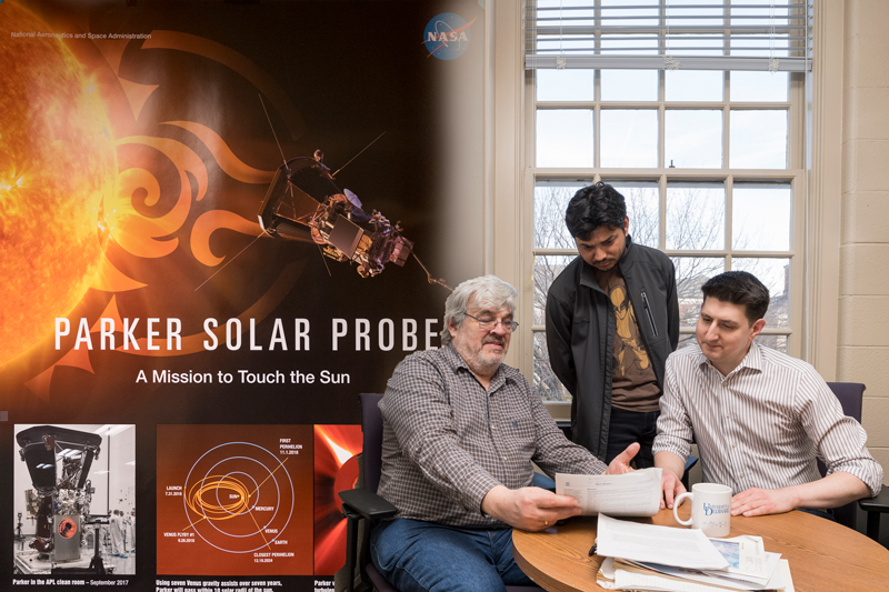 Bill Matthaeus, Ramiz Qudsi and Bennett Maruca are some of the researchers who worked on a special issue of the Astrophysical Journal that focuses on the Parker Solar Probe was published today (Feb. 3rd) in which five of the articles were written by (or involved) UD researchers.  (Bennett Maruca-striped shirt, Ramiz Qudsi-gray jacket, and Bill Matthaeus-gray shirt)