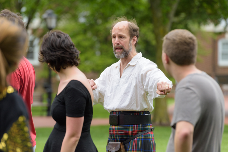 Members of the Scottish Country Dancing Registered Student Organization as well as other students performing various Scottish dances on the North Central Green under the guidance of associate professor of Computer and Information Sciences Terry Harvey. - (Evan Krape / University of Delaware)