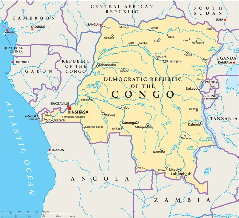 Congo Democratic Republic Political Map with capital Kinshasa, national borders, most important cities, rivers and lakes. Illustration with English labeling and scaling.