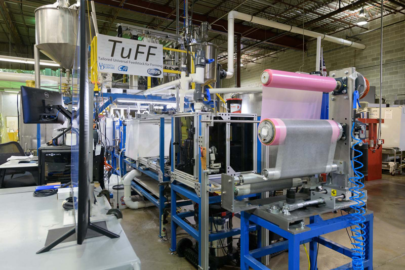 Tailorable Universal Feedstock for Forming (TuFF) manufacturing process and equipment at the Composites Manufacturing Science Lab's Applications and Technology Transfer Laboratory.