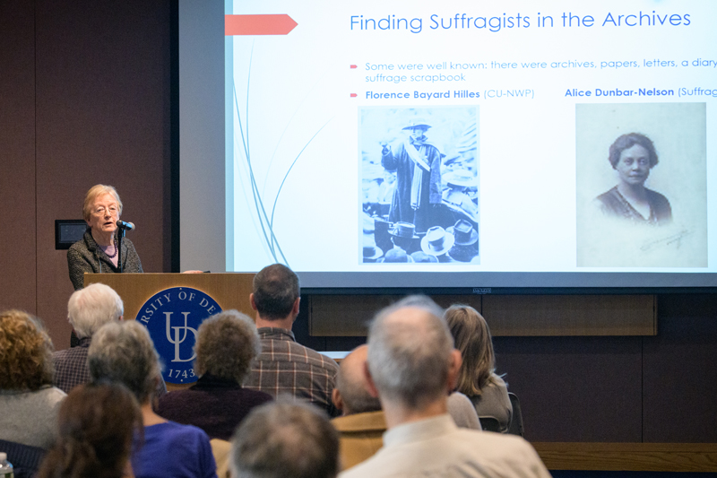 Anne M. Boylan, professor emerita of history, presenting a "Scholar in the Library Series" talk titled "Finding Delaware's Women Suffrage Leaders in the Archives." The talk centered on "the archival sleuthing involved in researching and writing biographies on more than 60 Delaware suffrage leaders across a wide array of backgrounds." [Events Calendar]

Pictured: Anne Boylan, professor emerita of history.