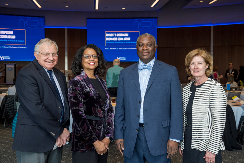 The First Provost’s Symposium On Engaged Scholarship held on March 5th, 2020 in the STAR audion with opening remarks by Robin Morgan, various panels and a keynote by Samory Pruitt, Vice President for Community Affairs, The University of Alabama. (Pictured from L to R: Dan Rich, Lynnette Overby, Samory Pruitt and Provost Robin Morgan)